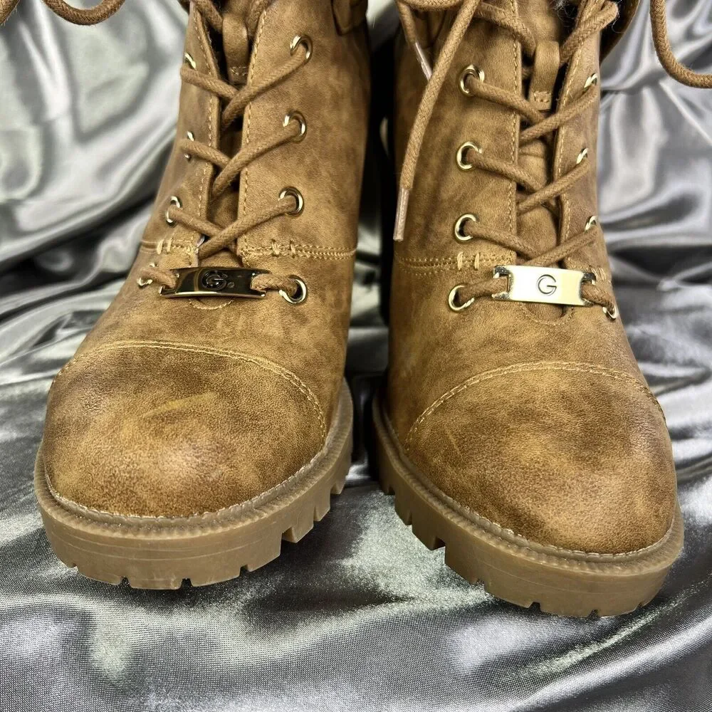 GBG G by Guess Boots Women Sz 9.5 M Brown 4” Heel Lace Up Chunky Lug Fur Booties